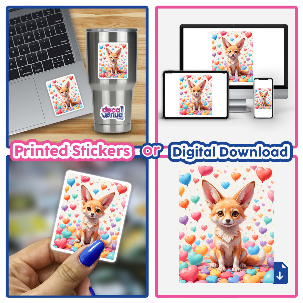 A laptop with a sticker of a cute fennec fox surrounded by love hearts, showcasing the whimsical design available as stickers or digital artwork from Decal Venue.