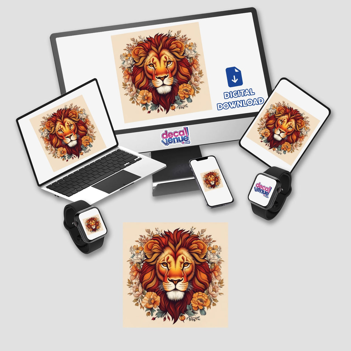 a laptop, phone, and other electronic devices with a lion sticker on them