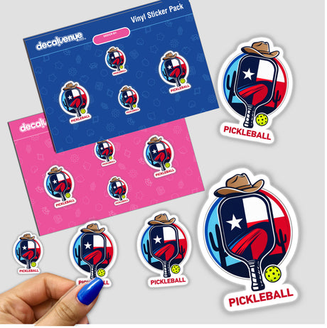 Pickleball Texas Theme Cowboy Hat Cactus sticker pack featuring pickleball-themed designs, including a cowboy hat and cactus, perfect for fans of unique vinyl stickers and digital art.