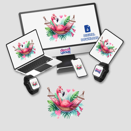 Flamingo Bird Lounging in Hammock displayed on a computer monitor and laptop screen, showcasing unique sticker or digital artwork options from Decal Venue.