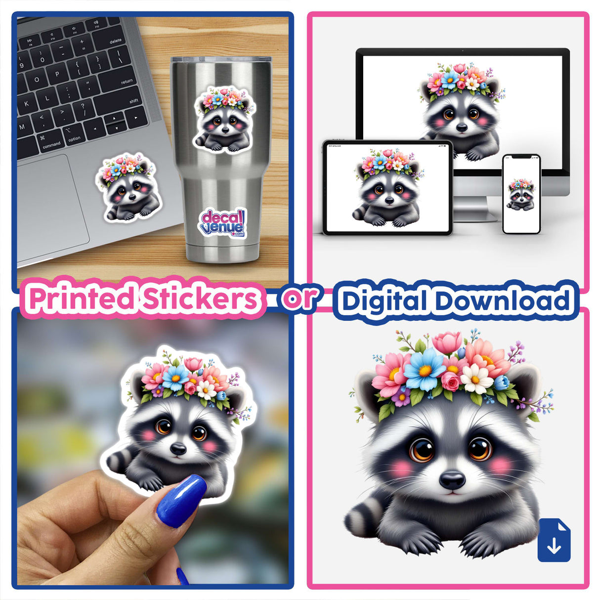 Adorable Dolphin Wearing a Floral Crown displayed as a sticker collage, showcasing various placements such as on a laptop and cup, highlighting its charm and versatility as a sticker or digital artwork.