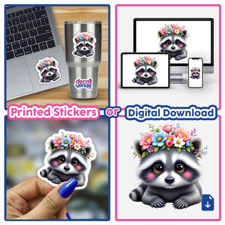 Adorable Dolphin Wearing a Floral Crown displayed as a sticker collage, showcasing various placements such as on a laptop and cup, highlighting its charm and versatility as a sticker or digital artwork.