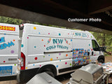 Colorful polka dot ice cream van with NW Cold Treats branding parked at an outdoor event.