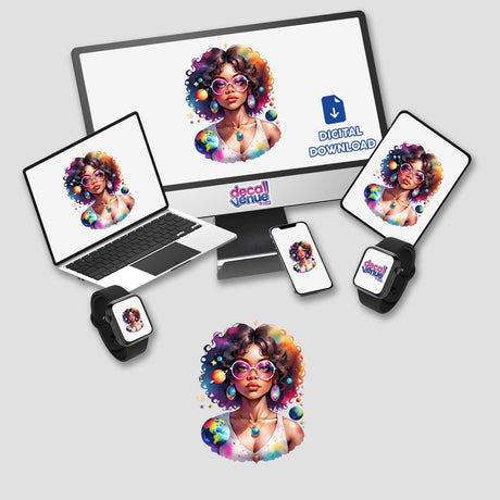 Sticker Design: Afro Hippie Woman with Jewelry and Glasses, Floating in Space Surrounded by Stars and Planets displayed on a computer monitor and laptop screen.