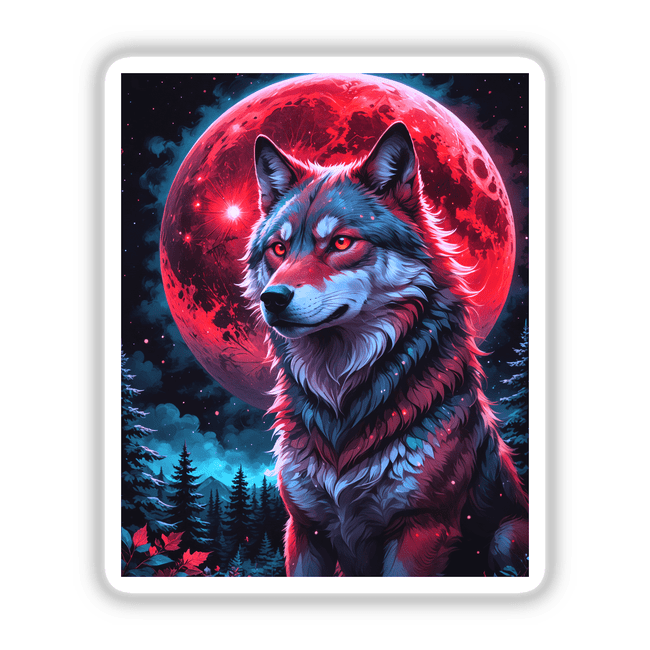 Digital artwork titled A Wolf In The Night With A Blood Moon, featuring a wolf's close-up with a prominent red moon backdrop, available as stickers or digital artwork.