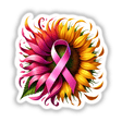 Sunflower Pink Ribbon Breast Cancer sticker, featuring a pink ribbon encircled by vibrant sunflowers. Available as stickers or digital artwork from Decal Venue.