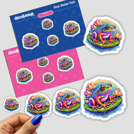 Colorful stickers featuring a vibrant frog sitting on a lily pad, surrounded by vibrant flowers and leaves. The stickers are displayed on a Vinyl Sticker Pack from the Decal Venue store, showcasing the artistic and creative digital artwork.