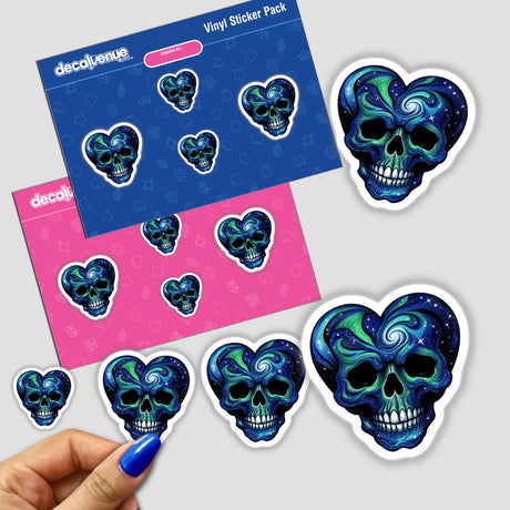 Galactic Heart Skull sticker featuring a unique skull design with heart elements, available as a vibrant vinyl sticker or digital artwork, perfect for adding a cosmic touch.