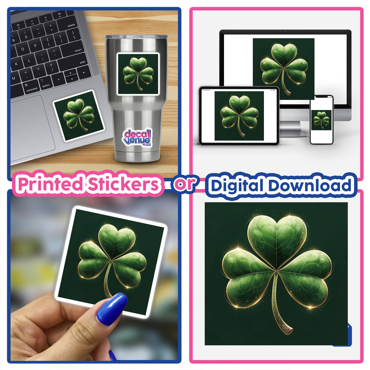 Elegant Shamrock – Green Clover with Subtle Glow and Gold Accents featured on a laptop screen, embodying Decal Venue's unique vinyl stickers and digital artwork collection.