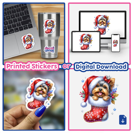 Santa Yorkie Dog in Sparkly Christmas Stocking collage featuring a dog wearing a Santa hat. Available as stickers or digital artwork, perfect for adding festive charm to laptops or phones.