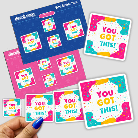 Hand displaying You Got This! Motivational Planner Sticker | Clipart with Commercial Rights pack, featuring colorful inspirational designs, available as stickers or digital artwork, emphasizing creativity and positivity.