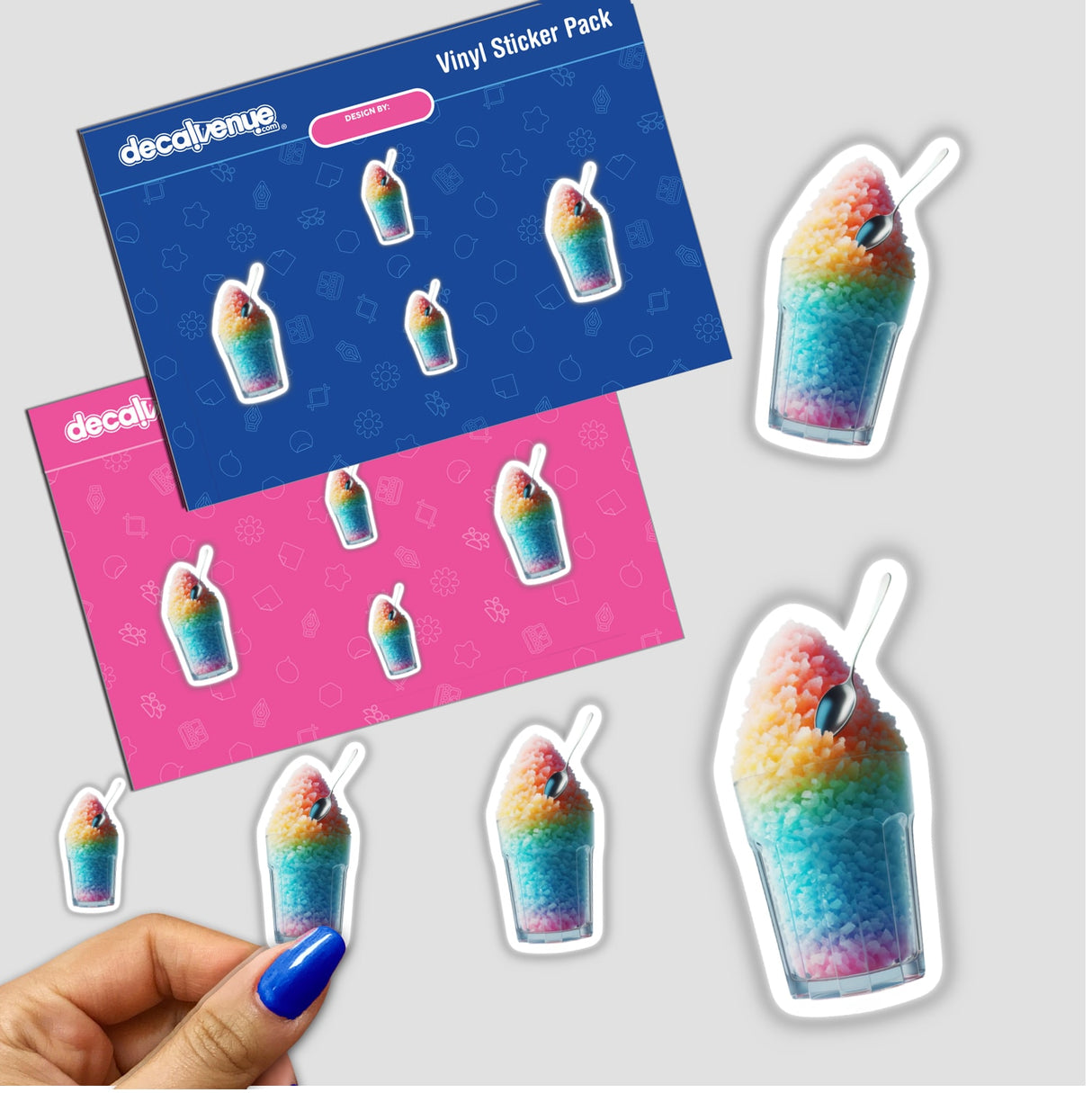 Colorful shaved ice digital artwork stickers on a Decal Venue product packaging