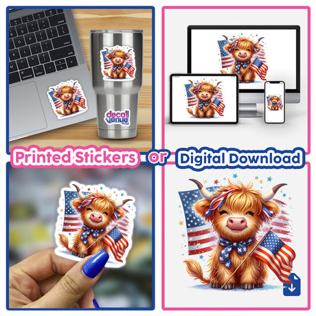 Patriotic Highland Cow American Flag Splatter - Vibrant digital artwork featuring a cheerful Highland cow with an American flag motif, available as printed stickers or a digital download from the Decal Venue store.