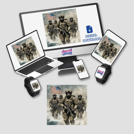 Hero Series 4: A computer monitor and laptop display an image of soldiers running with guns, available as stickers or digital artwork.