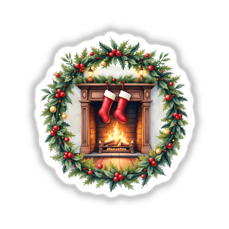 Cozy Fireplace with Stockings in a Christmas Wreath features a festive scene of red stockings hanging from a fireplace, surrounded by a wreath of holly, available as stickers or digital artwork.