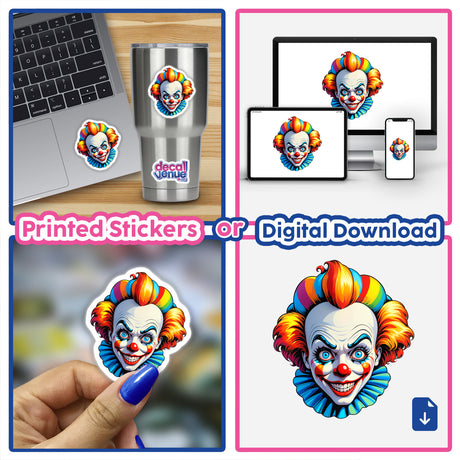 A collage featuring A Crazy Clown Girl stickers, depicting a vibrant clown face with colorful hair, shown on items like a laptop and a cup, available as stickers or digital artwork.