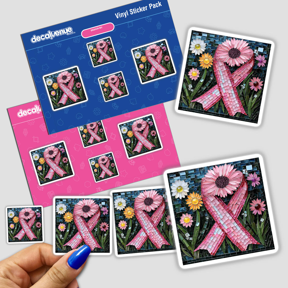 Pink Ribbon with Floral Accents Mosaic sticker featuring intricate pink ribbons and flowers, highlighting fine details. Available as a sticker or digital artwork from Decal Venue.