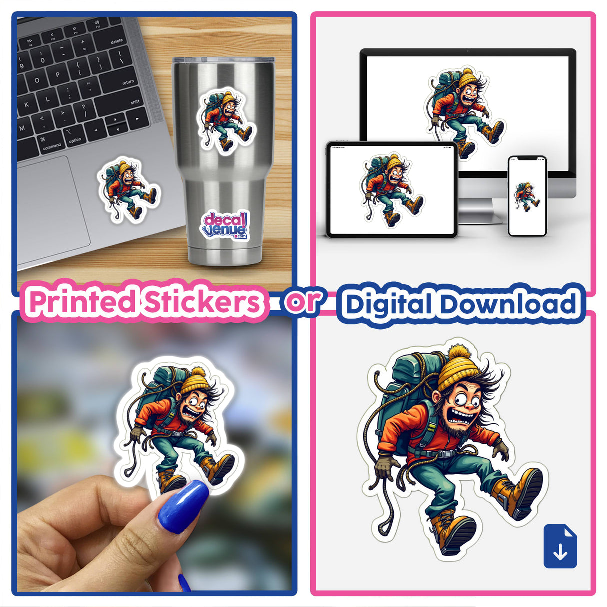 Collage of Alpinista Zoiudo stickers and digital artwork featuring a cartoon character with a backpack, displayed on various items like a laptop and a cup.