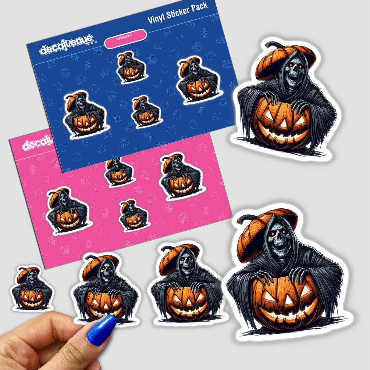 Grim Reaper Peeking From Carved Pumpkins - Spooky Halloween Sticker Pack