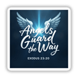 Angels Guard the Way – Exodus 23:20 Christian Sticker or Clipart features white wings and text on a blue square, symbolizing protection, available as stickers or digital art.