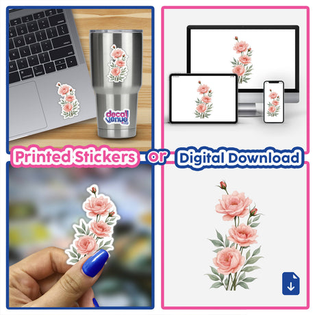 Rose Garden Watercolor Sticker for Journaling shown on a laptop, featuring delicate pink flowers. Available as stickers or digital artwork, ideal for creative projects and commercial use.