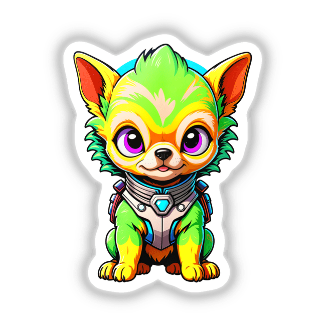 Cartoon illustration of Cute Puppy From Outer Space, featuring a whimsical dog with prominent eyes. Available as stickers or digital artwork, perfect for fans of unique, playful designs.