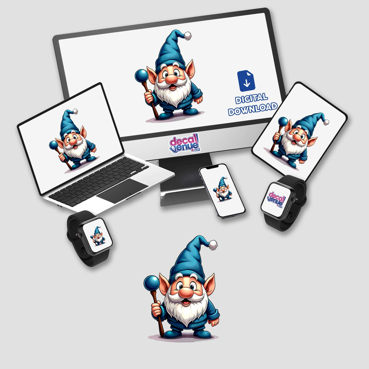 A Funny Magical Gnome featured on a computer, laptop, and tablet screens, available as stickers or digital artwork, showcasing whimsical gnome characters with canes and staffs.