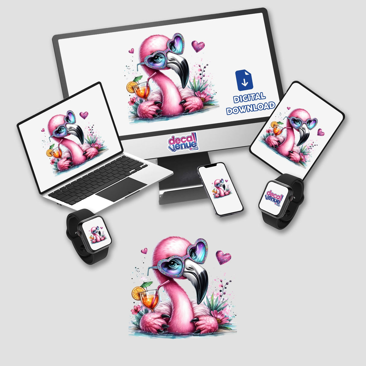 Whimsical flamingo holding a tropical drink, surrounded by vibrant flowers and hearts, showcased on various digital devices from the Decal Venue store.