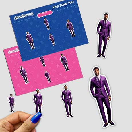 Handsome Male Model sticker held by a person, depicting a man in a purple suit; available as a sticker or digital artwork from Decal Venue.