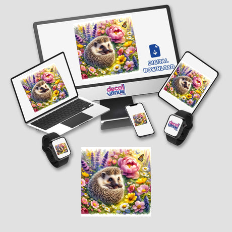 Hedgehog in a Garden Watercolor Illustration displayed on a computer monitor and laptop screen, available as stickers or digital artwork, showcasing a hedgehog amidst flowers.