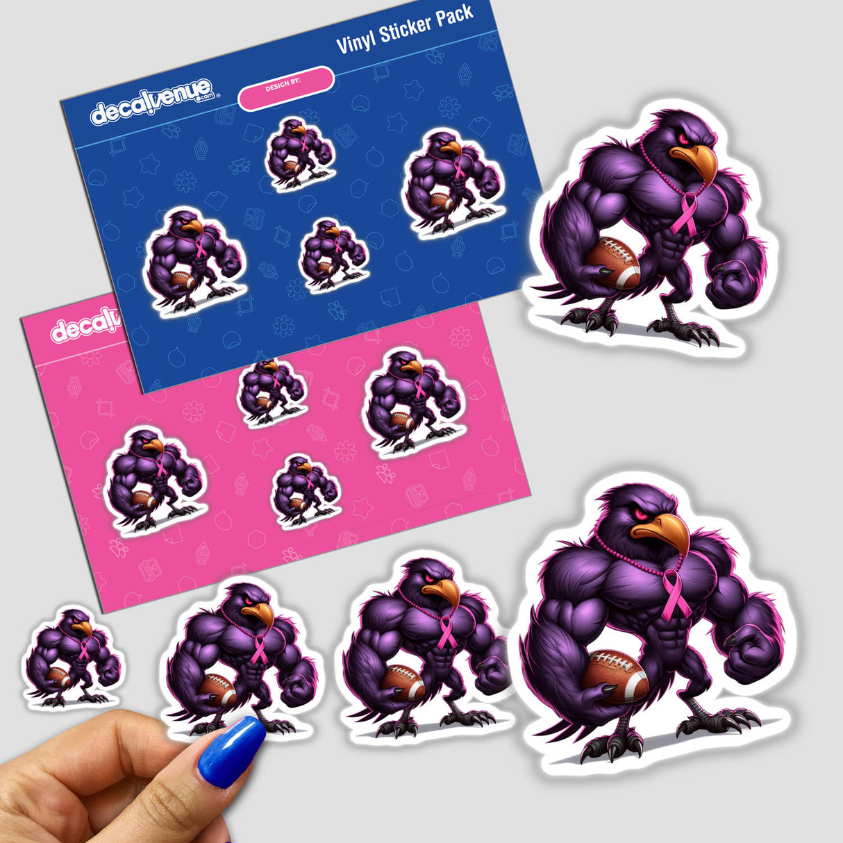 Muscular Purple Raven Bird Football Breast Cancer Awareness II sticker featuring a cartoon purple bird holding a football and a pink ribbon.