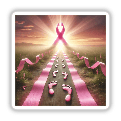 Journey to Recovery - Footsteps Leading to a Pink Ribbon artwork, showcasing pink footprints on a path leading to a pink ribbon in an outdoor setting. Available as stickers or digital artwork.