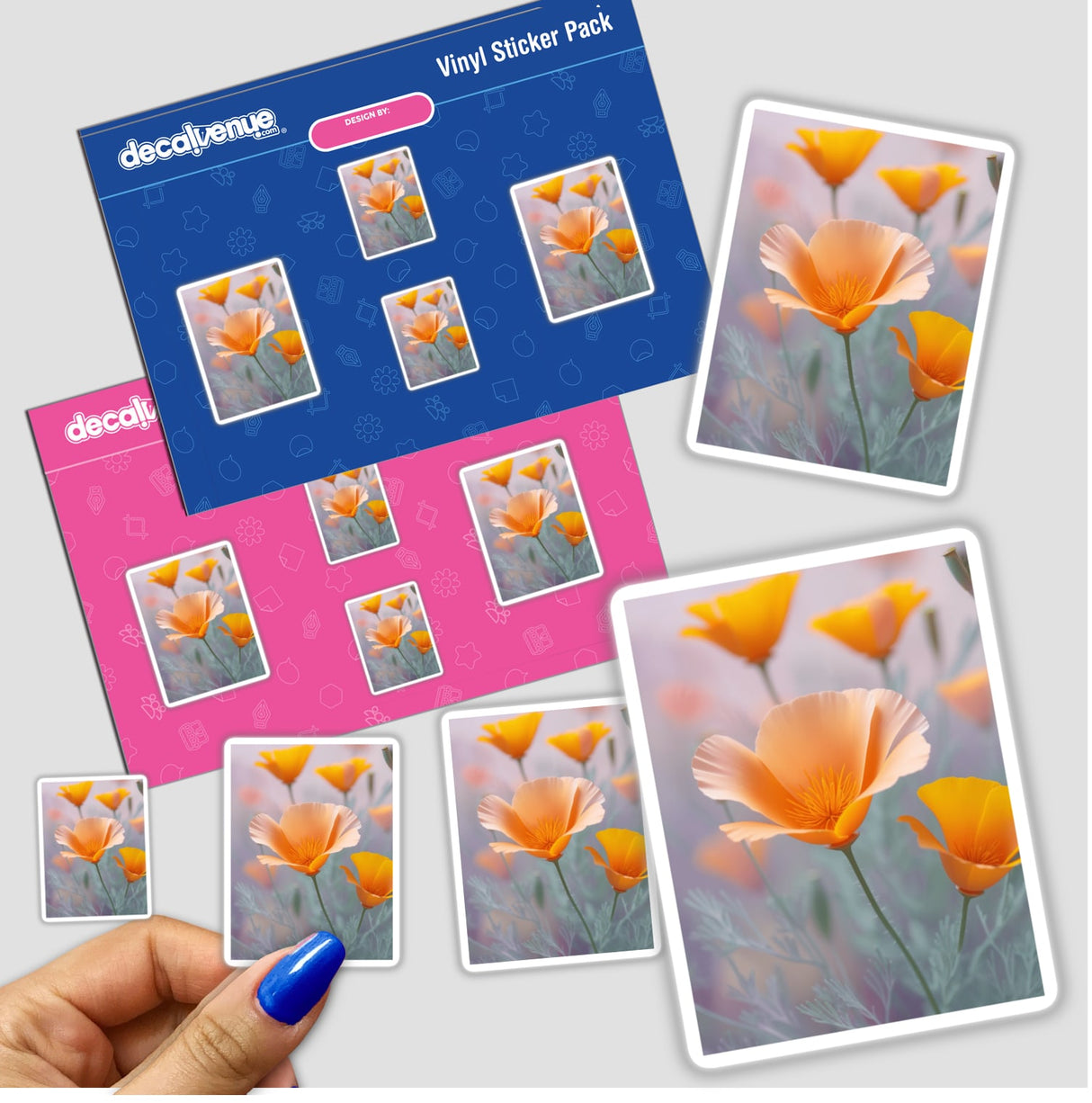 A hand holds the Soft Peach and Orange California Poppies in Bloom sticker pack, showcasing vibrant floral designs. Ideal for adding a touch of nature to any surface.