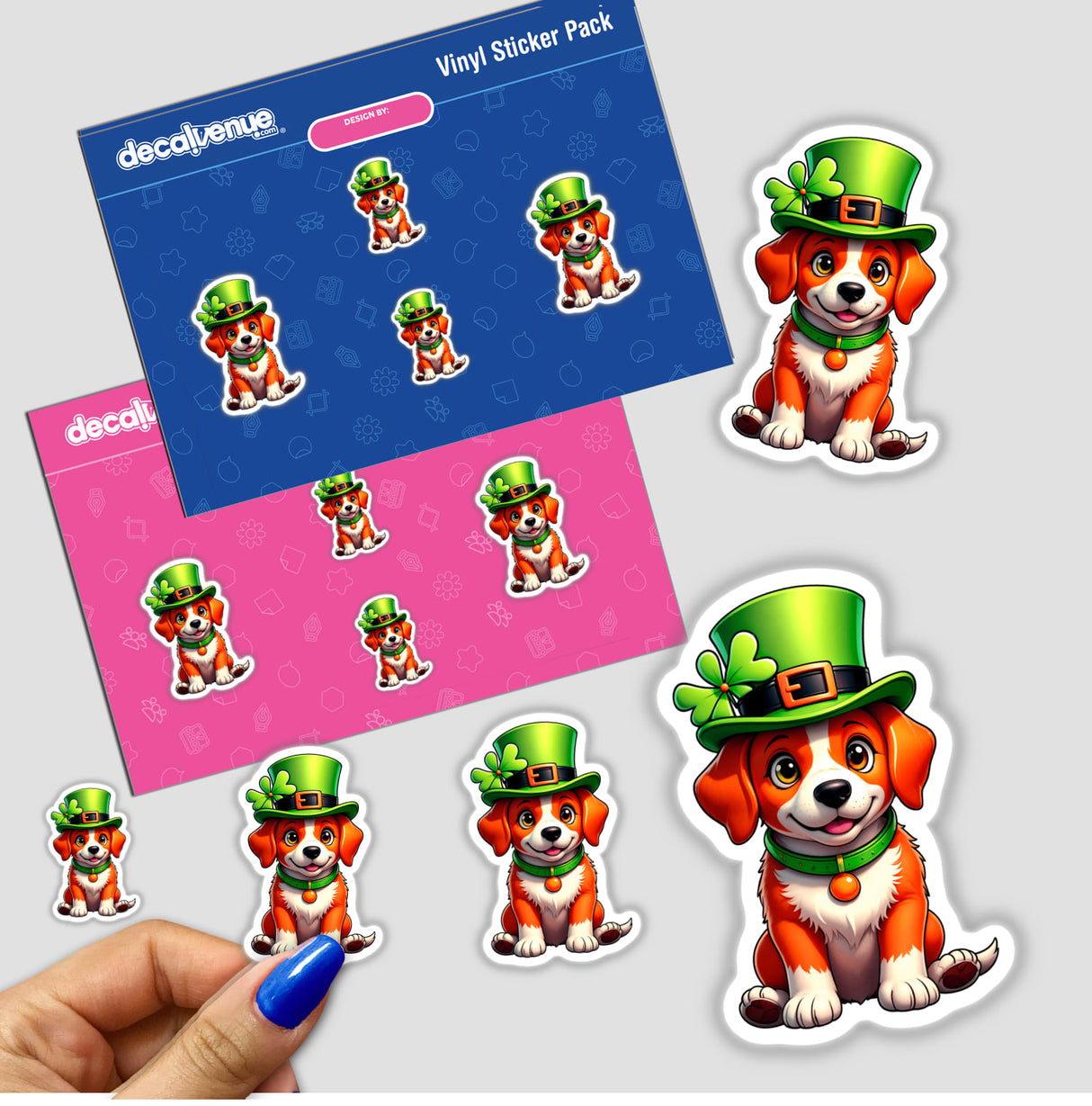 St. Patrick's Day Puppy stickers featuring cartoon dogs in green hats, available as part of a sticker pack or digital artwork, showcasing unique designs from Decal Venue.