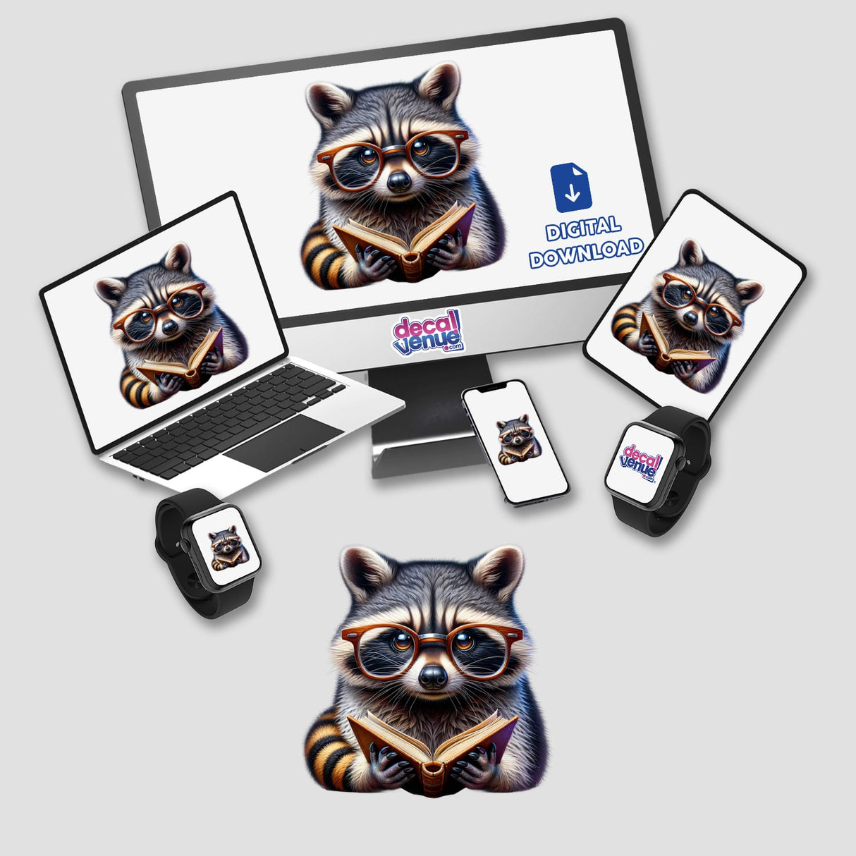 Raccoon With Reading Glasses Open Book depicted on a computer monitor and laptop, available as stickers or digital artwork, showcasing a raccoon character engrossed in reading.