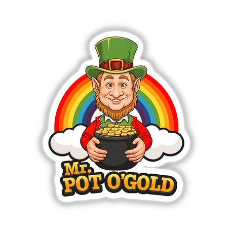 Mr. Pot O'Gold St. Patrick's Day features a cartoon leprechaun joyfully holding a pot of gold, perfect as unique stickers or digital artwork from Decal Venue.