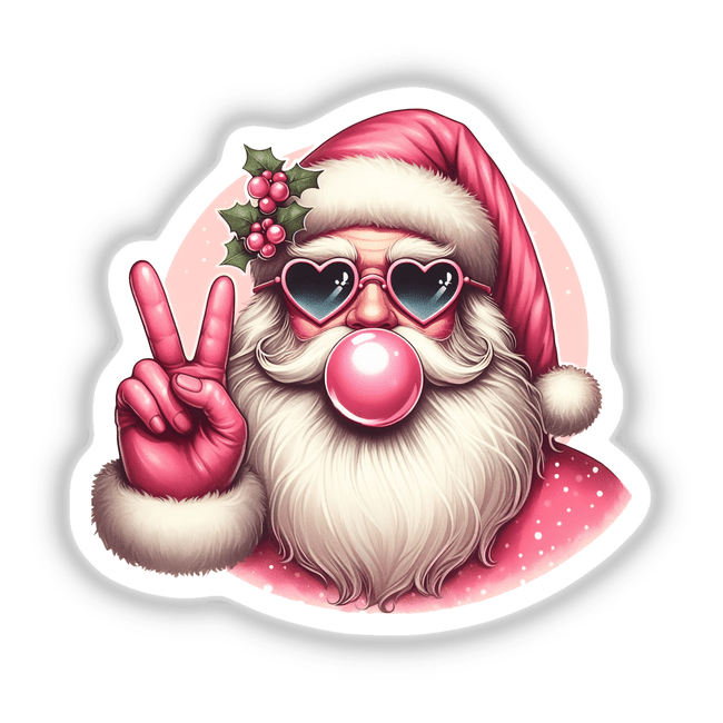 Retro Pink Christmas Santa Claus Blowing Bubble sticker or digital art featuring a cartoon Santa with heart-shaped sunglasses and bubble gum, exemplifying Decal Venue's unique style.