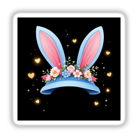 Blue Easter Bonnet with Gold Hearts features a whimsical design of pink ears and flowers, available as stickers or digital artwork, reflecting Decal Venue's unique artistic style.