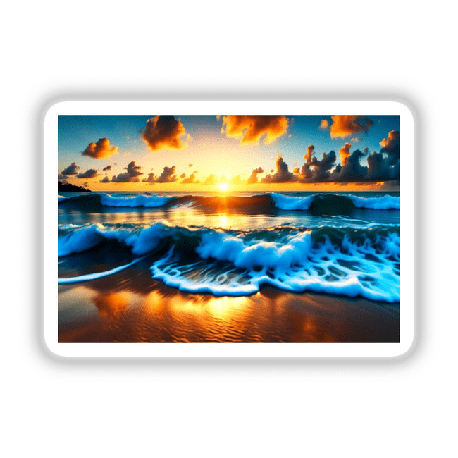 Tropical Paradise: A serene sunset over a beach with waves gently crashing, available as stickers or digital artwork from Decal Venue.