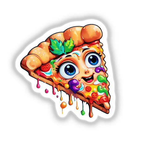 Trippy Melting Pizza: Psychedelic Sticker featuring a cartoon pizza slice with a melting face and blue eyes, perfect for unique sticker collections or digital art.