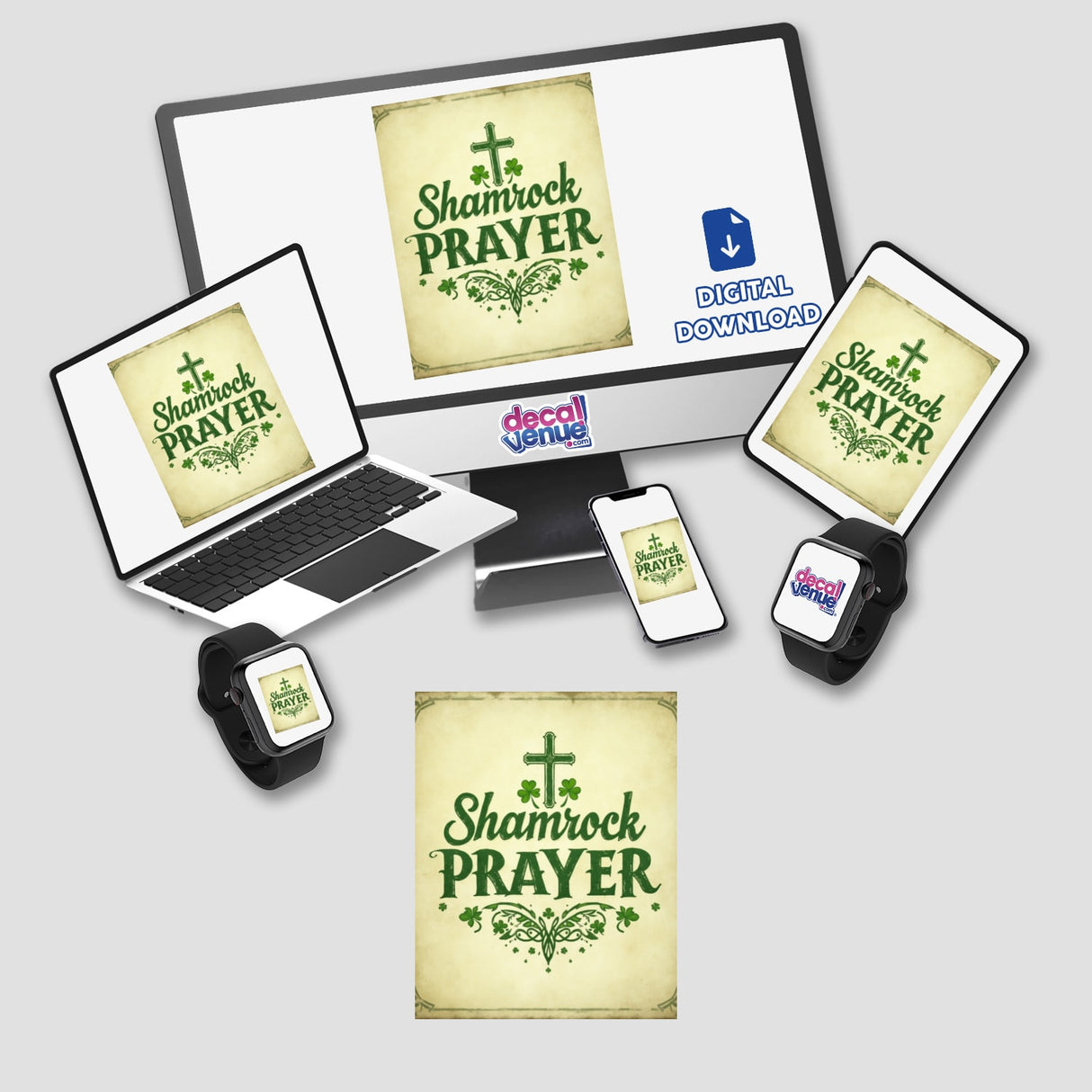 Shamrock Prayer St. Patrick’s Day Sticker or Clipart featuring a green and white design with a cross and clovers, displayed on a computer monitor and laptop screen.