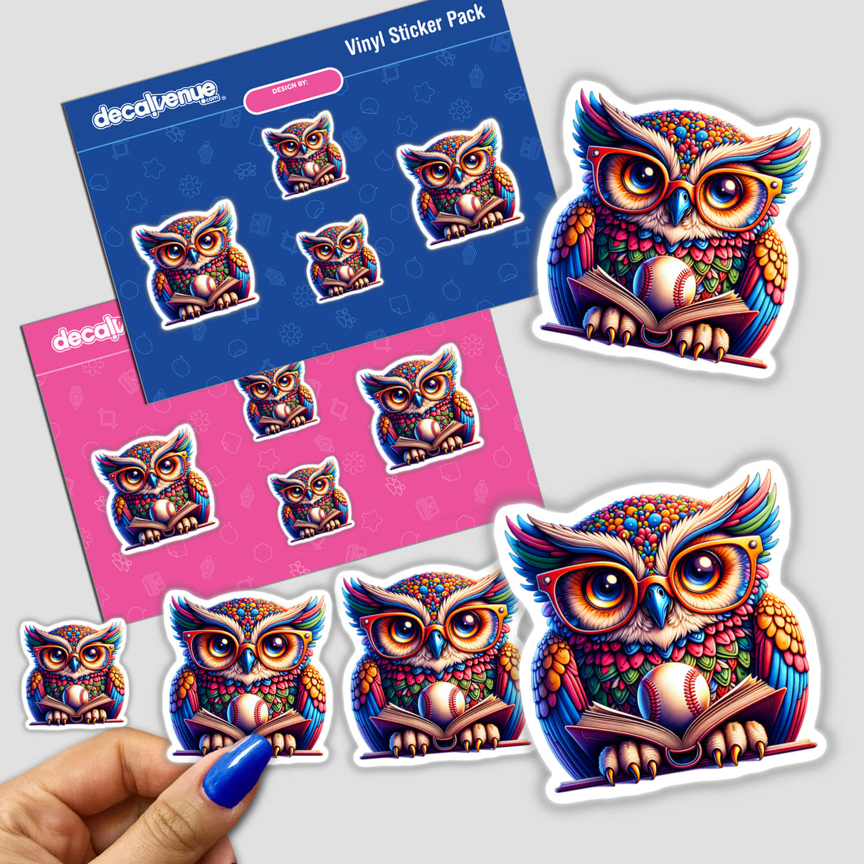 Owl in Reading Glasses with Open Book and Baseball sticker, featuring a whimsical owl reading, perfect for adding charm to notebooks or spaces. Ideal for book lovers and sports enthusiasts.