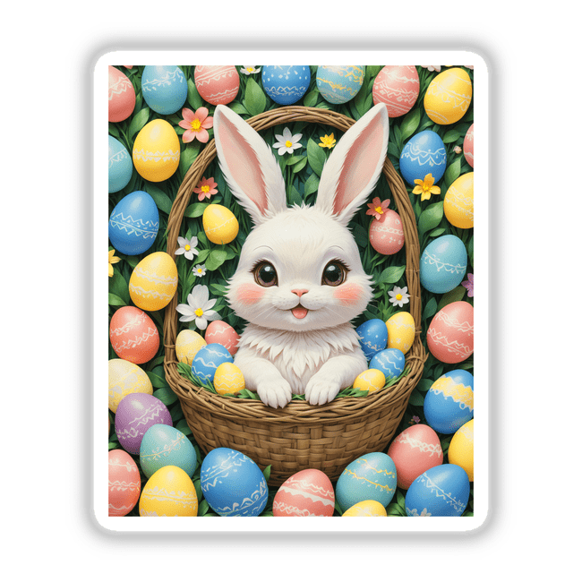 Cute Easter Bunny in a basket with eggs, available as stickers or digital artwork from Decal Venue, showcasing unique vinyl stickers and digital art.