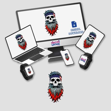 A Cool Skull With An American Flag Bandana displayed on various devices, including a laptop, monitor, and smartwatch. Available as stickers or digital artwork from Decal Venue.