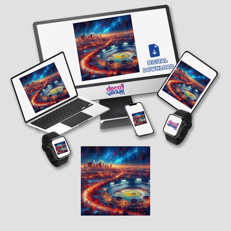 Dodger Stadium artwork displayed on a laptop screen, featuring a stadium with city lights. Available as stickers or digital artwork, ideal for enhancing gadgets like monitors and phones.