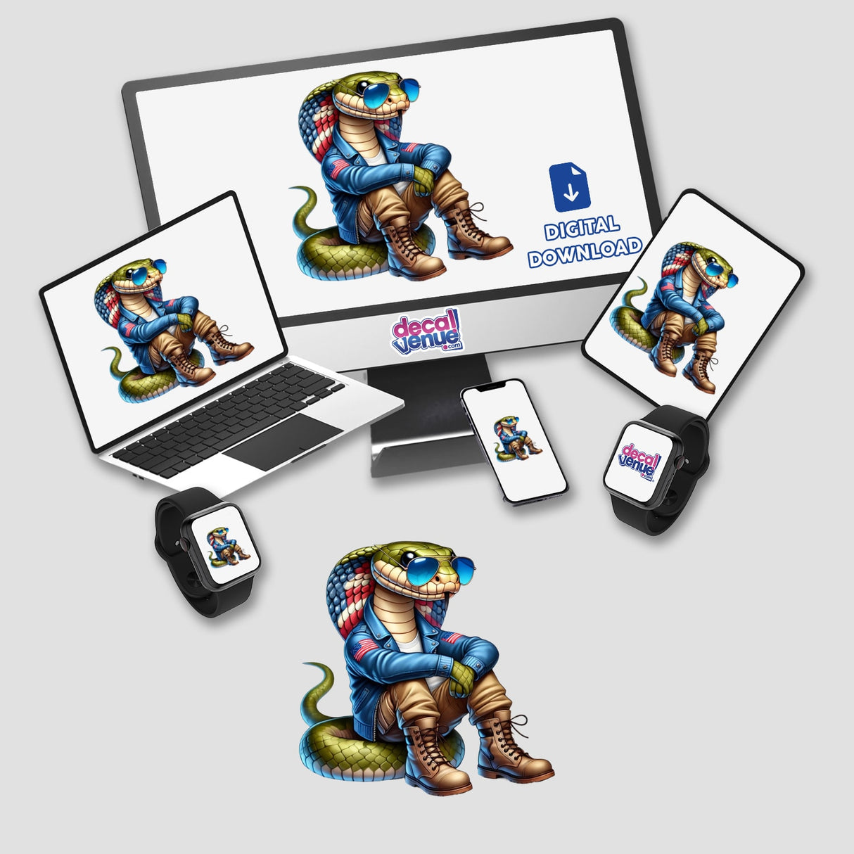 Colorful patriotic leather aviator cobra superhero sticker artwork displayed on multiple digital devices