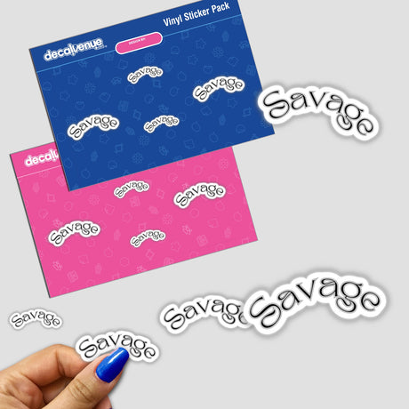 Hand holding a sticker pack featuring the design Savage -in Black, showcasing unique text elements, available as stickers or digital artwork from Decal Venue.