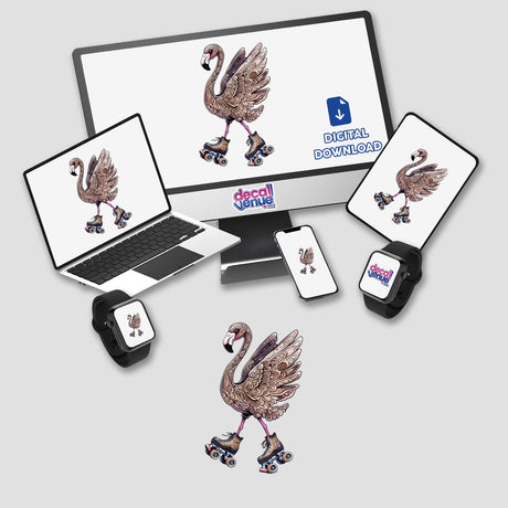 Flamingo on Roller Skates with Intricate Feather Details displayed on a monitor and laptop screen, available as stickers or digital artwork, showcasing a whimsical cartoon style from Decal Venue.