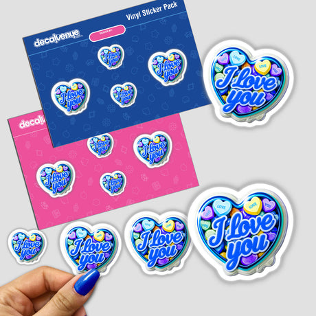 I Love You Valentine's Day Heart sticker held in a hand, featuring a heart-shaped design with text, alongside a sticker pack.