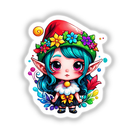 Festive Elf: Kawaii Santa Hat Elf Sticker depicting a blue-haired elf with a hat, surrounded by flowers and whimsical elements, ideal for embellishing personal items or digital spaces.